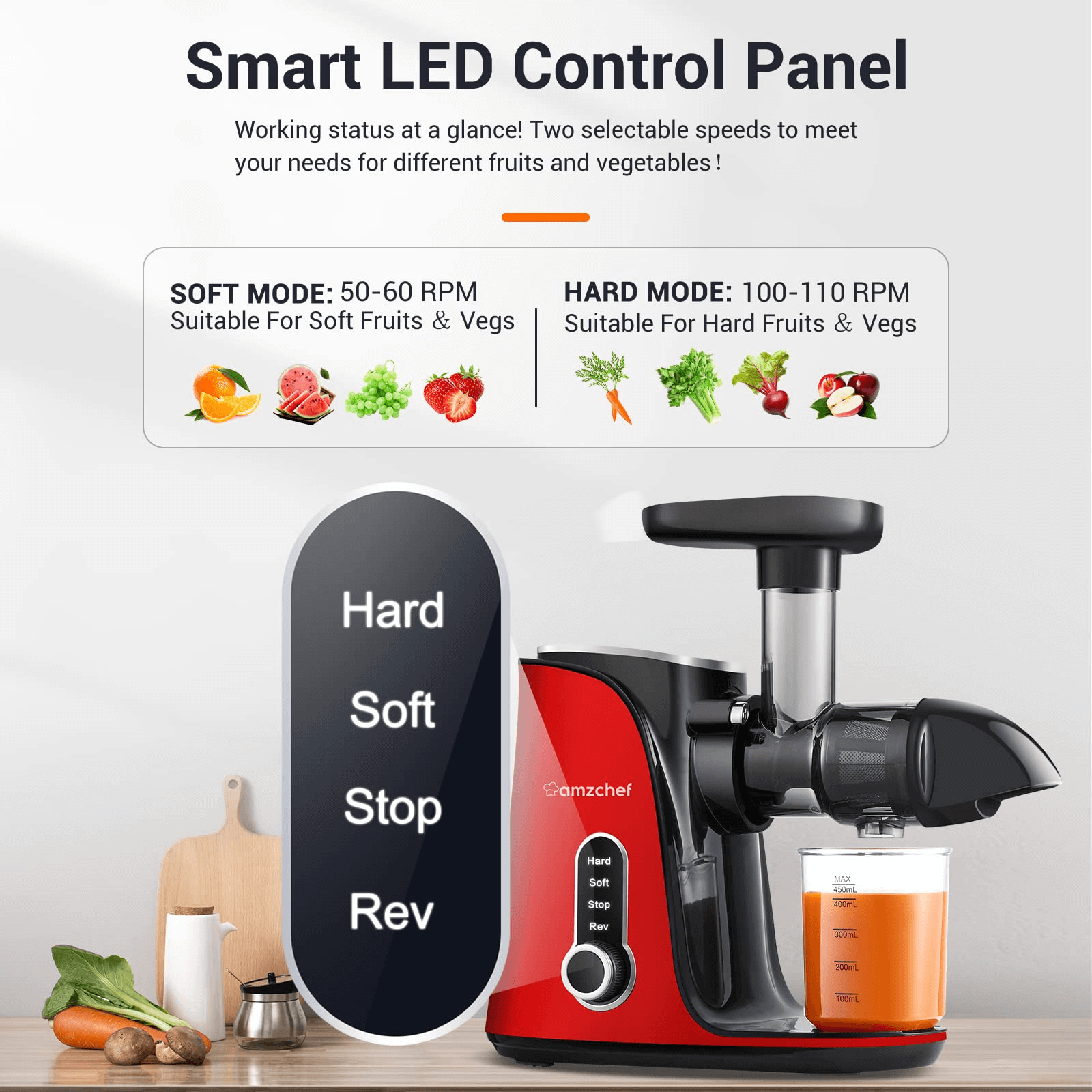AMZCHEF Slow Juicer for Fruit and Vegetables Powerful Juicer GM3001 Red