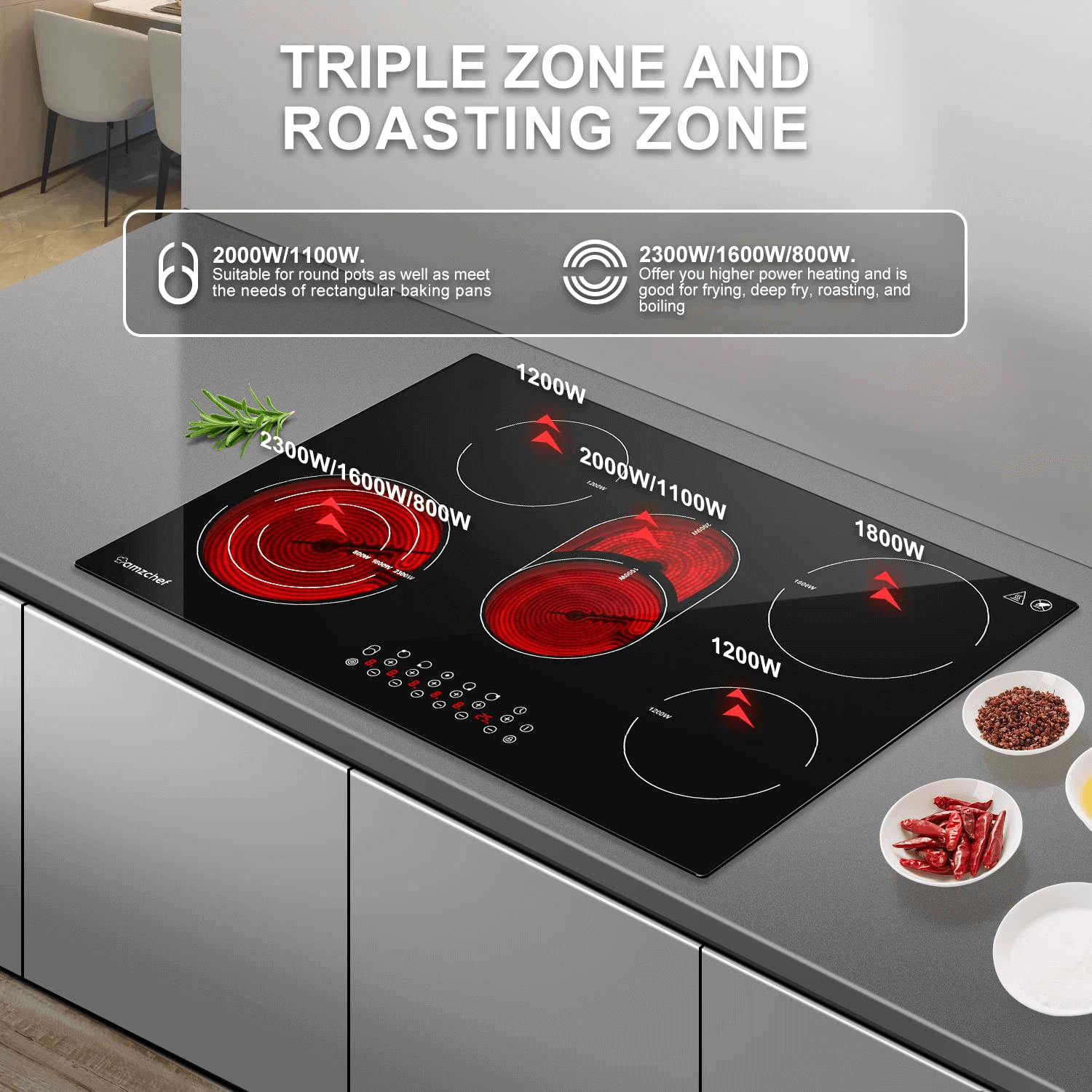 AMZCHEF Built-in Induction Stove With 5 Burners Triple and Toasting Zone CF8505