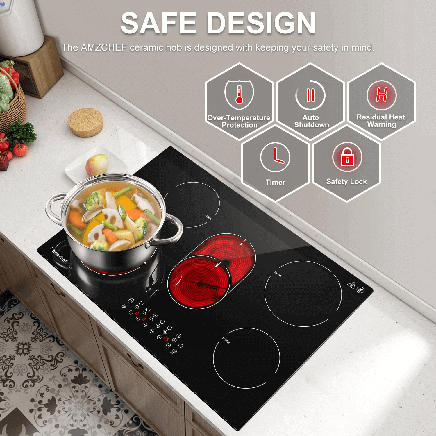 AMZCHEF Built-in Induction Stove With 5 Burners Triple and Toasting Zone CF8505