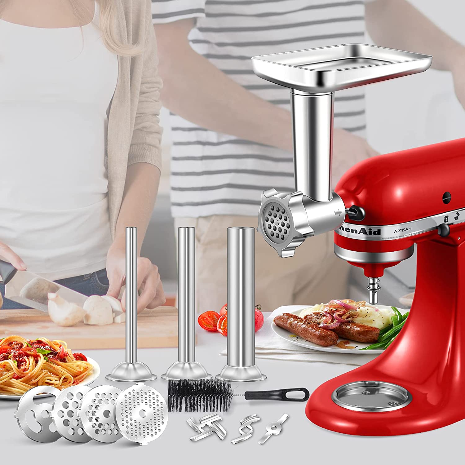 Metal Food Grinder Attachment for KitchenAid Stand Mixers, AMZCHEF Meat Grinder Attachment Included 3 Sausage Stuffer Tubes & A Holder,4 Grinding Plates,2 Grinding Blades, Burger Press,Cleaning Brush