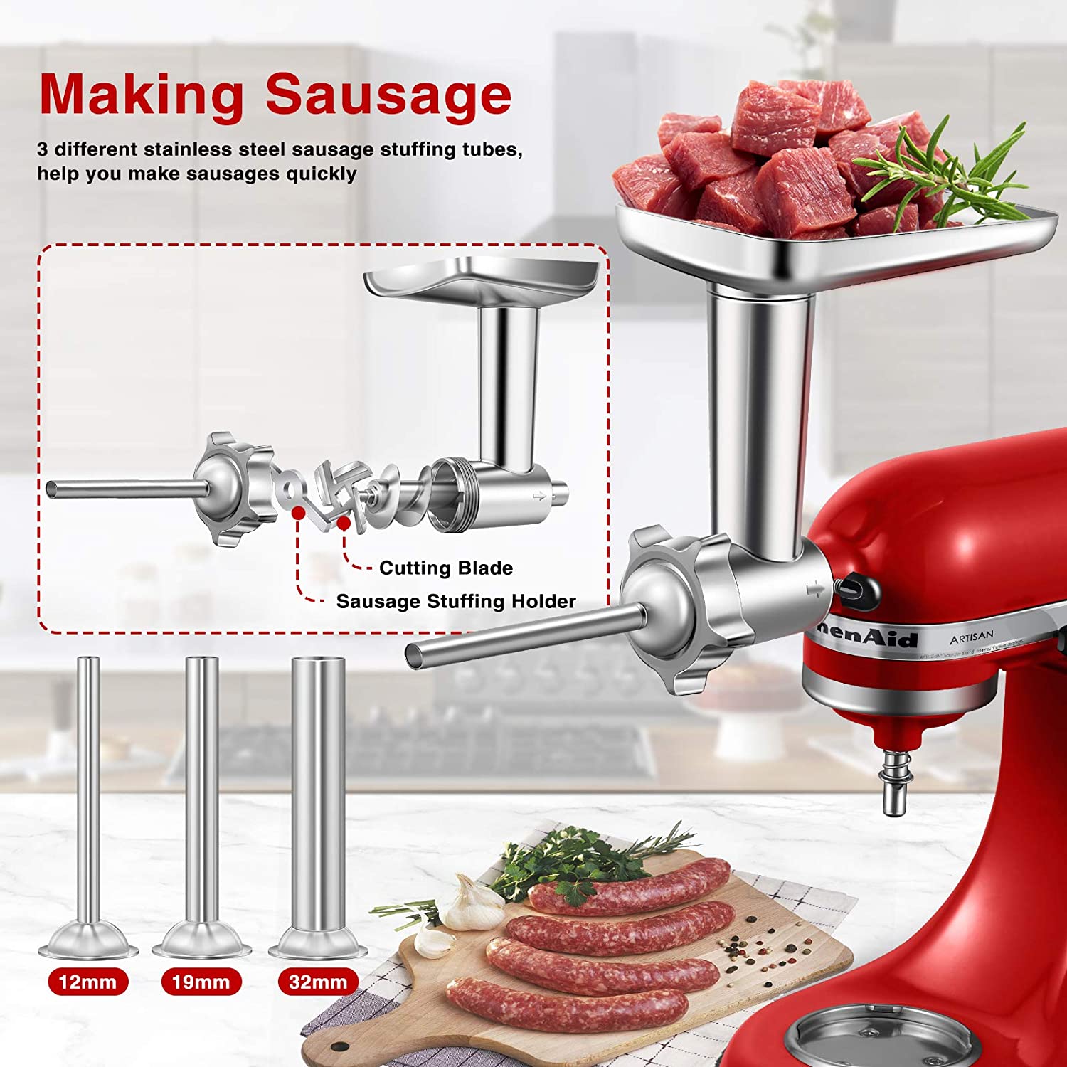 Metal Food Grinder Attachment for KitchenAid Stand Mixers, AMZCHEF Meat Grinder Attachment Included 3 Sausage Stuffer Tubes & A Holder,4 Grinding Plates,2 Grinding Blades, Burger Press,Cleaning Brush