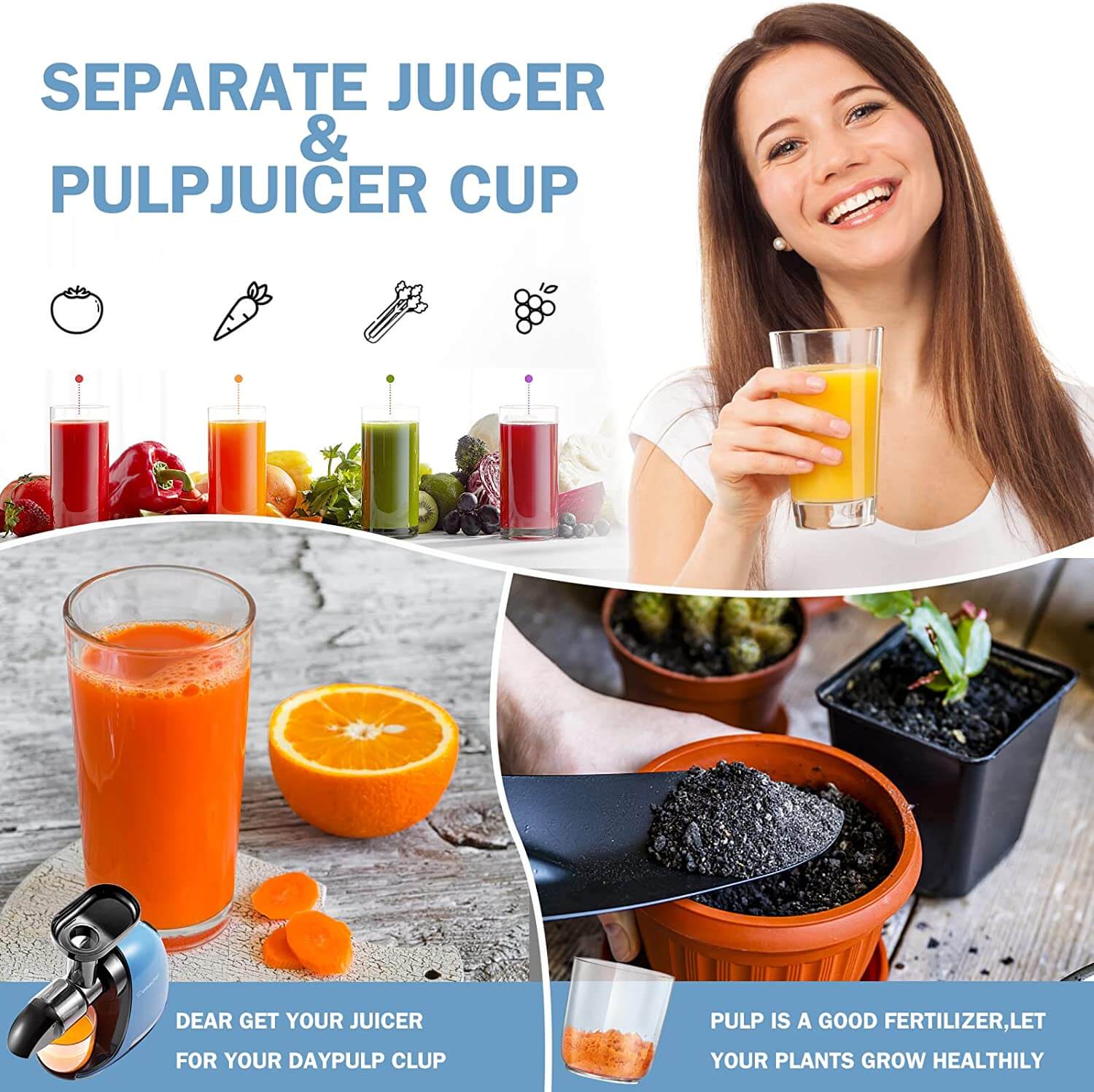 slow juicer AMZCHEF masticating juicer professional machine ZM1501 blue mini